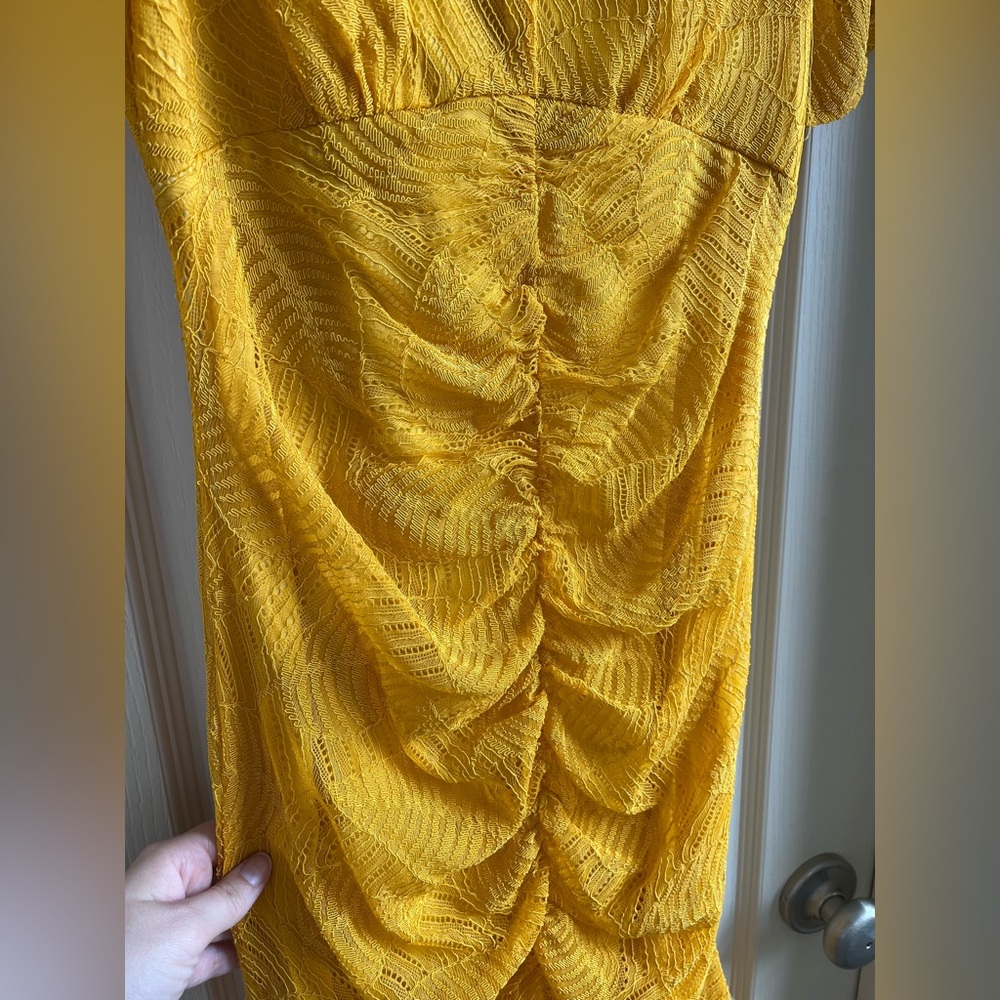 Lulu’s Harlou Mustard Yellow Lace Ruched Bodycon Dress - Picture 8 of 8